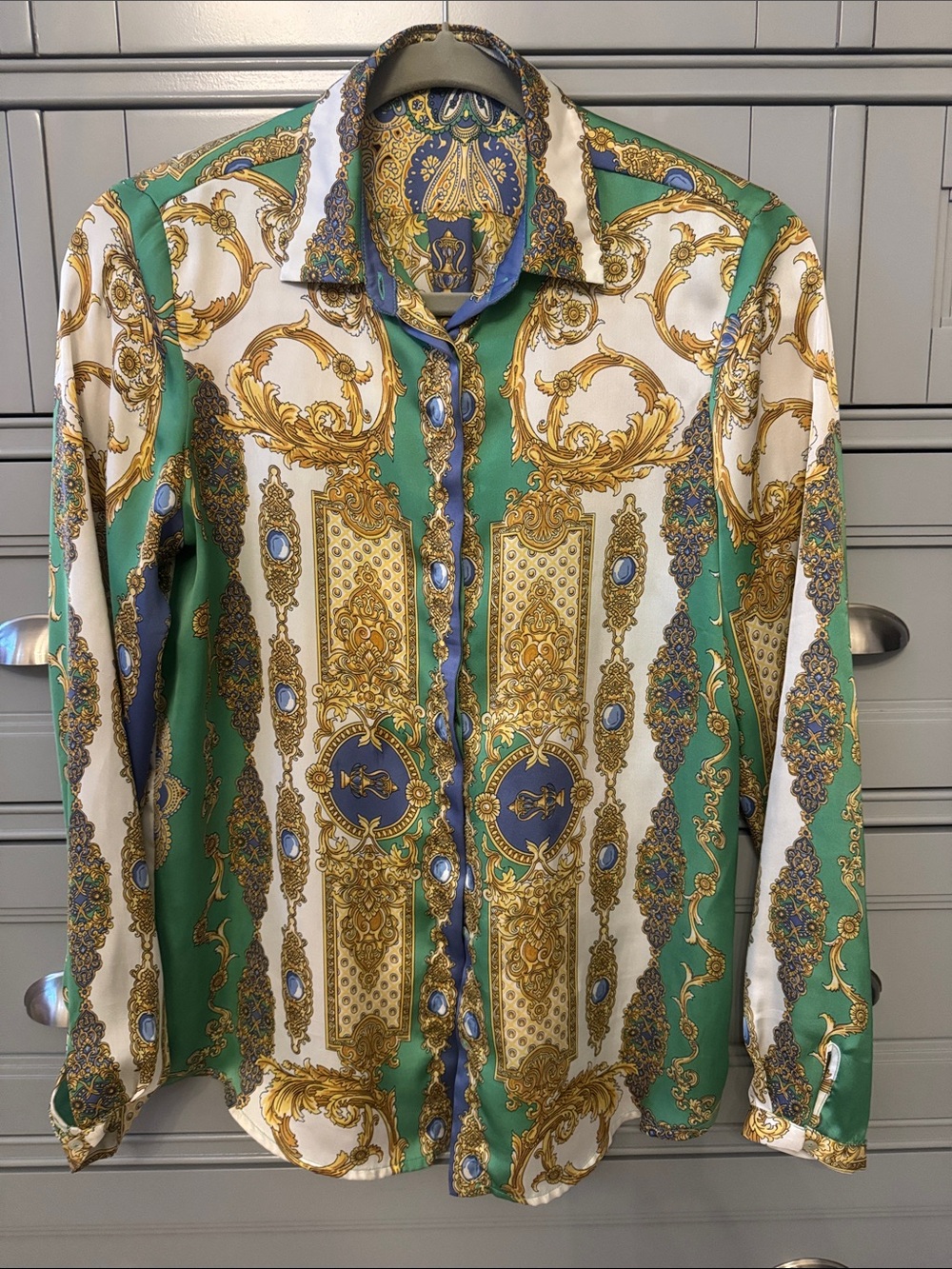 Zara Green, White & Gold Baroque Print Blouse